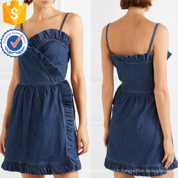 Été Spaghetti Strap Ruffled Denim Wrap Mini Dress Fabrication en gros Mode Femmes Vêtements (TA0309D)